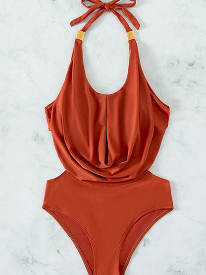 Golden Flame Halter Neck Open Back Padded One Piece Swimsuit