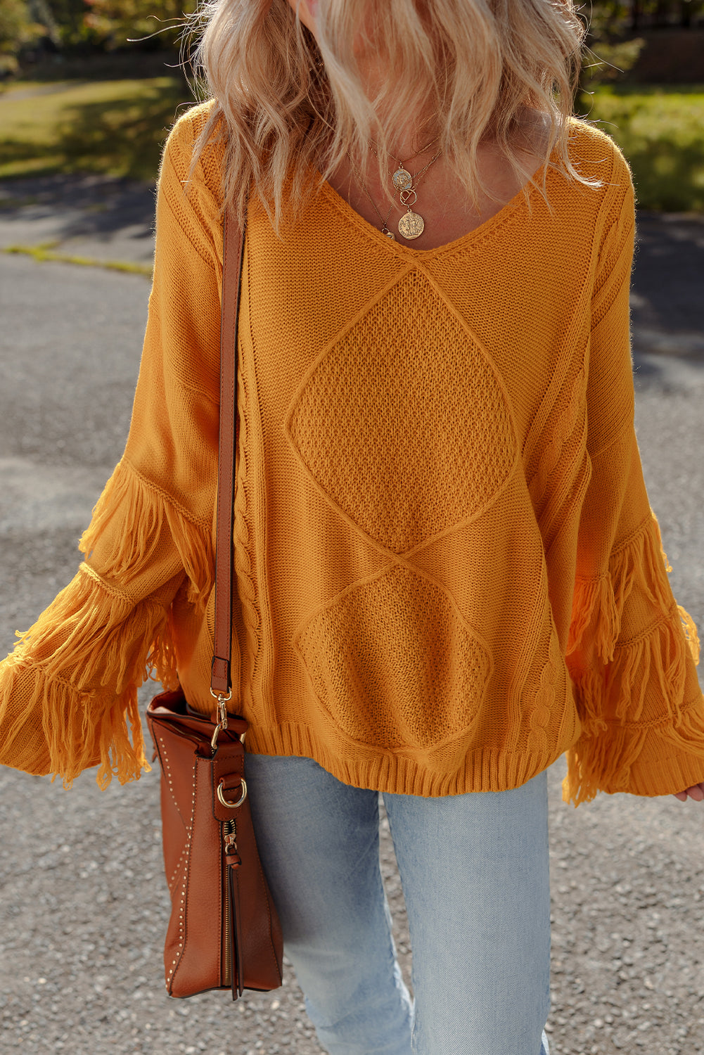 Jurassic Gold Pattern Knit Detail Fringe Trim Bell Sleeve Drop Shoulder Sweater