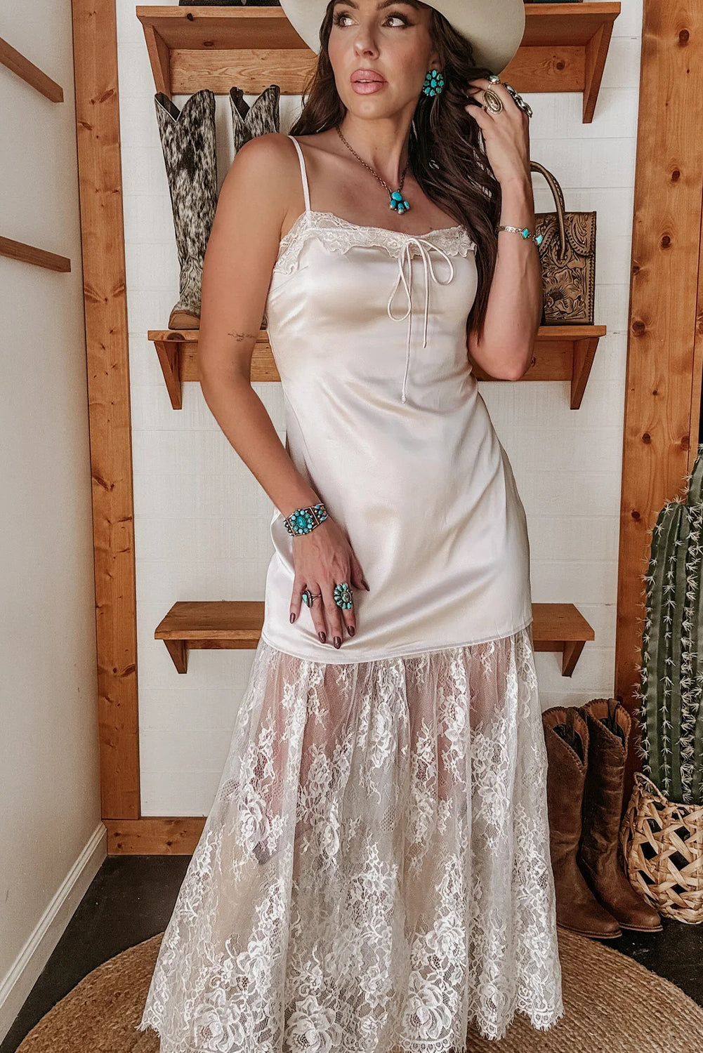 White Satin Lace Patchwork Spaghetti Straps Maxi Dress