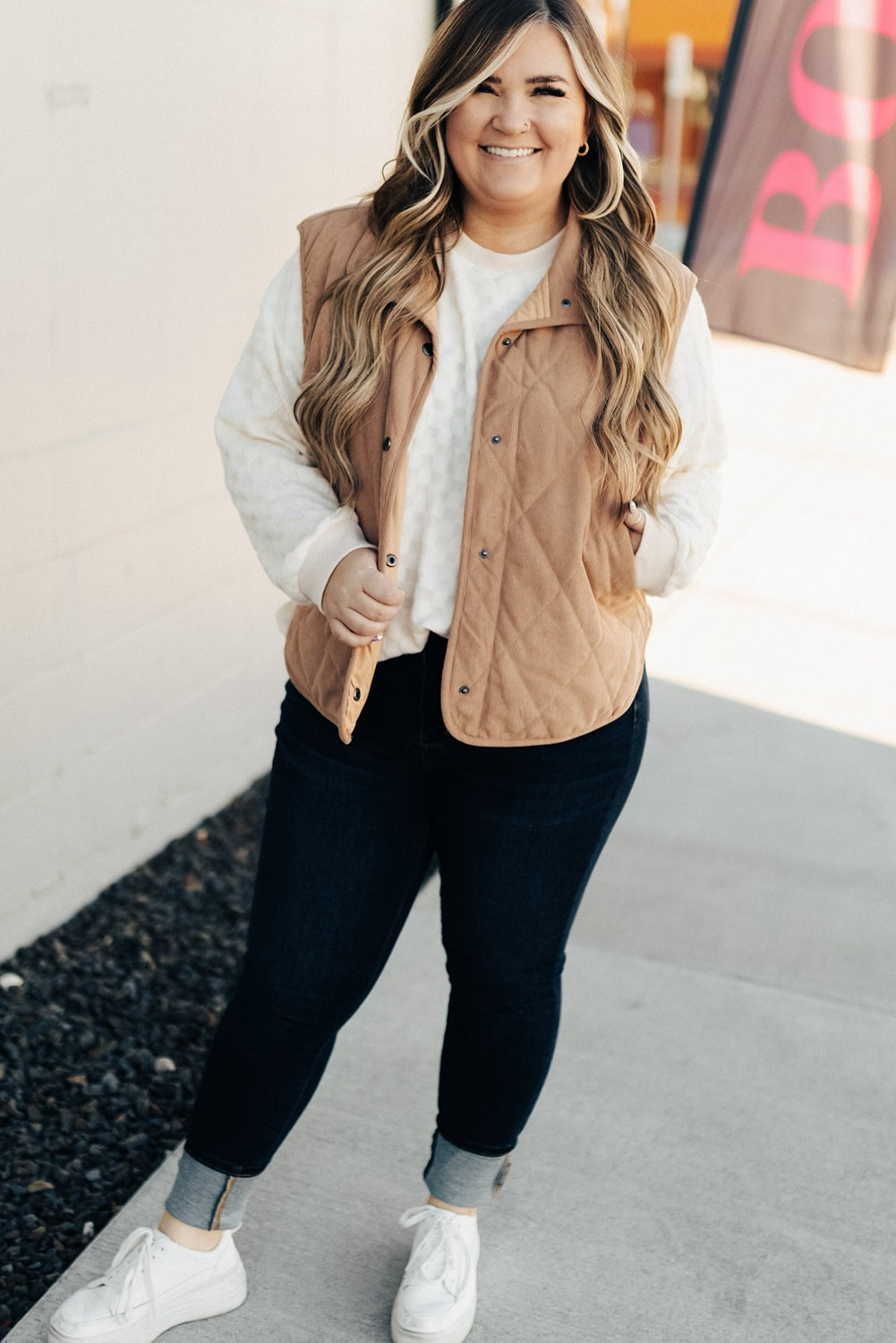 Camel Plus Size Quilted Cord Snap Button Vest Jacket