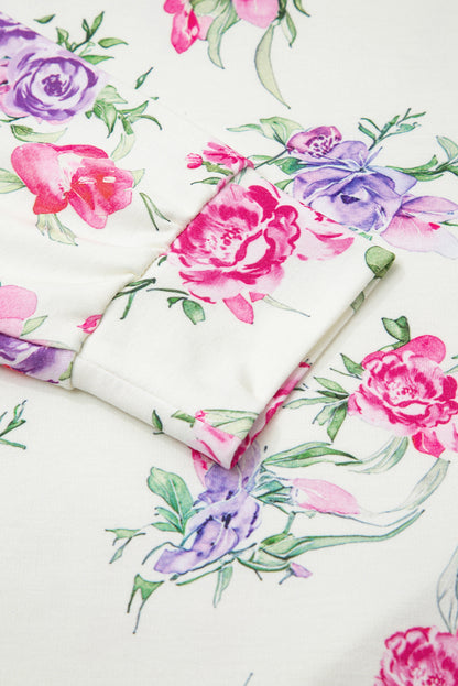 Apricot Floral Print Pullover Drawstring Lounge Pants Set