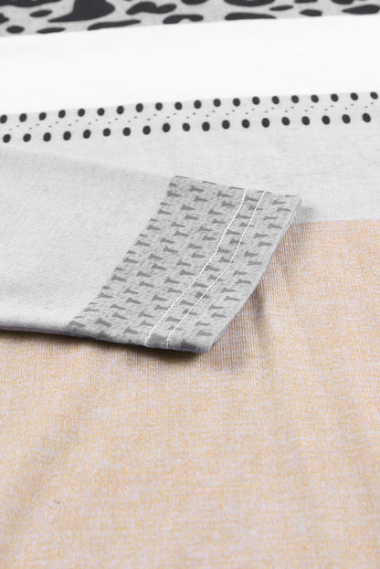 Apricot and Leopard Print V Neck Colorblock Top