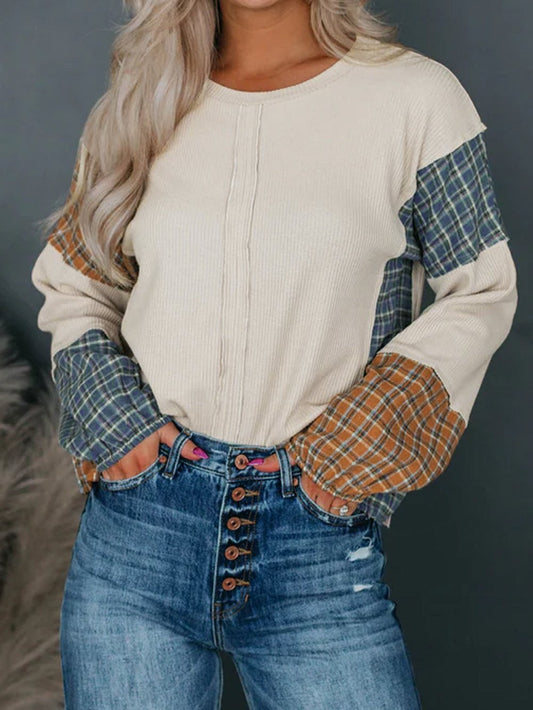 Gray Tartan Patchwork Distressed Long Sleeve Blouse