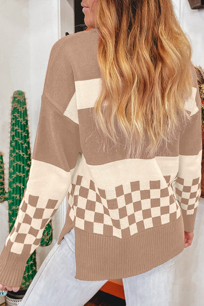 Smoke Gray Checkered Color Block Knitted Drop Shoulder Sweater