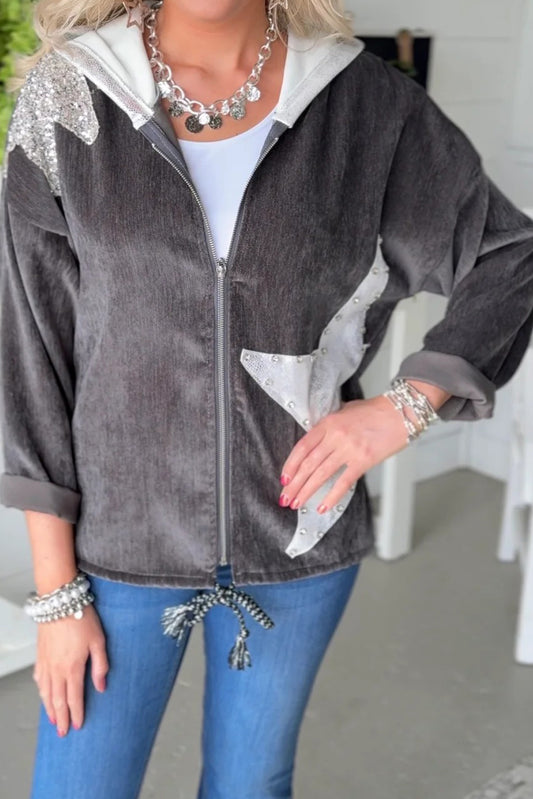 Dark Grey Sequin Beaded Star Accent Zip Up Hoodie Patchwork Jacket