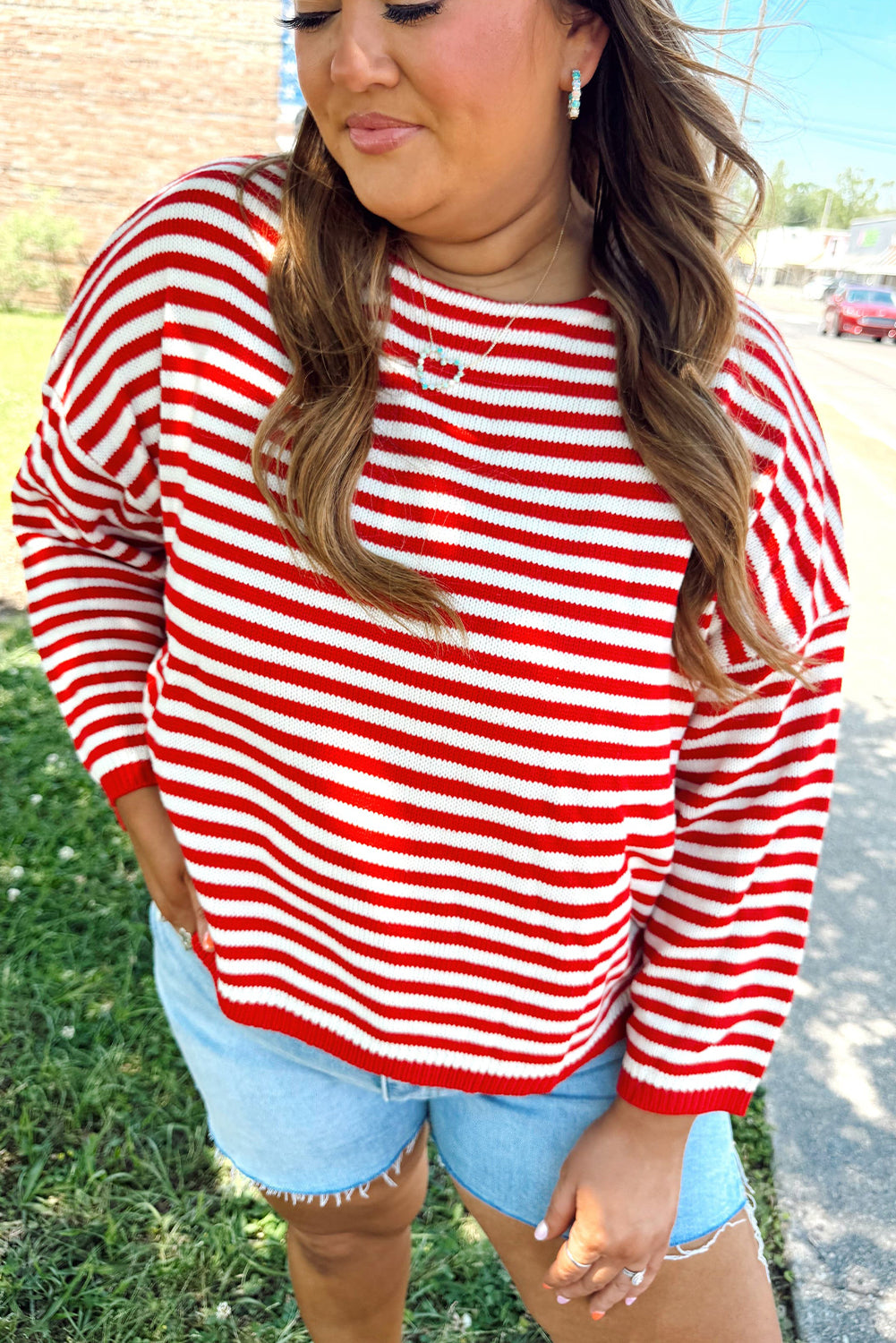 Red Stripe Drop Shoulder Round Neck Plus Sweater