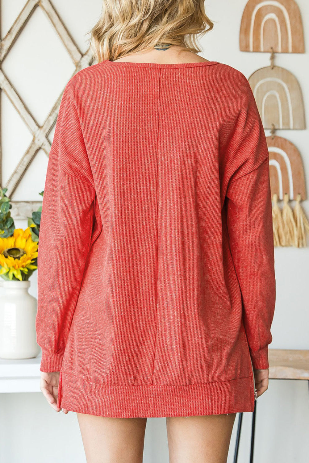 Heartfelt Red Waffle Knit High Low Long Sleeve Top