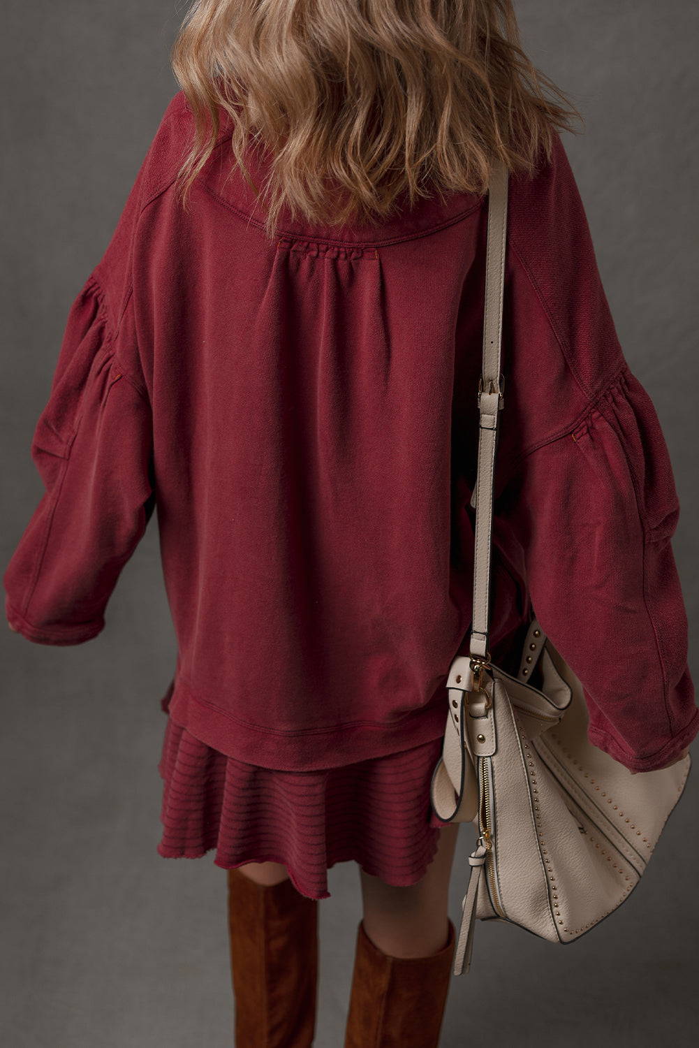 Burgundy Ruffle Hem Patchwork Half Button Long Sleeve Loose Tunic Dress