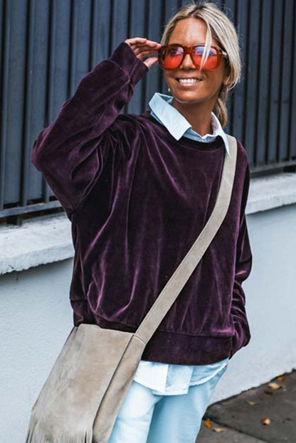 Grape Wine Long Sleeve Drop Shoulder Round Neck Loose Velvet Top