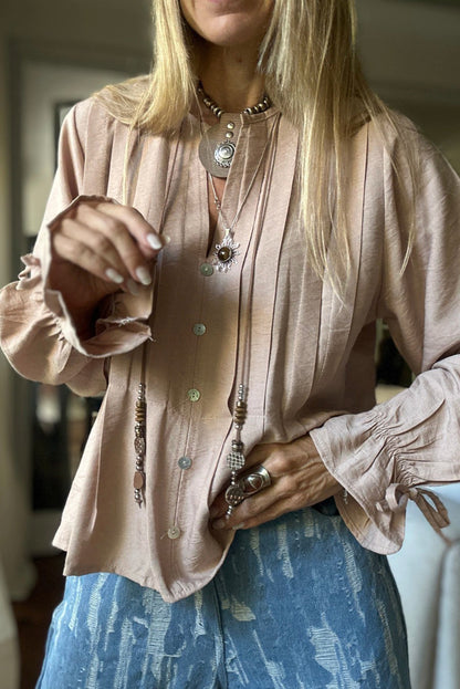 Parchment Pintuck Buttoned Front Decor Ruffled Sleeve Loose Blouse