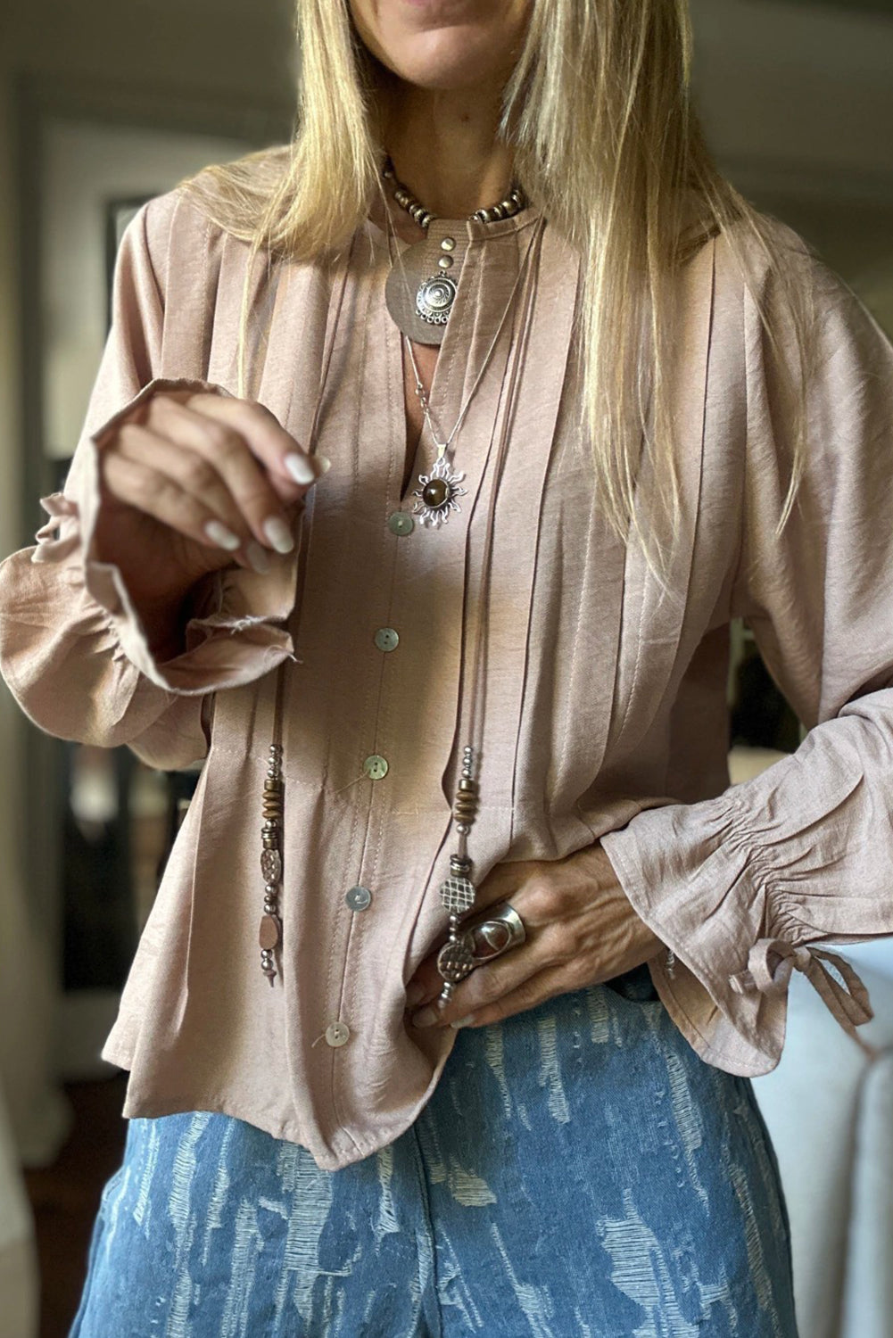 Parchment Pintuck Buttoned Front Decor Ruffled Sleeve Loose Blouse