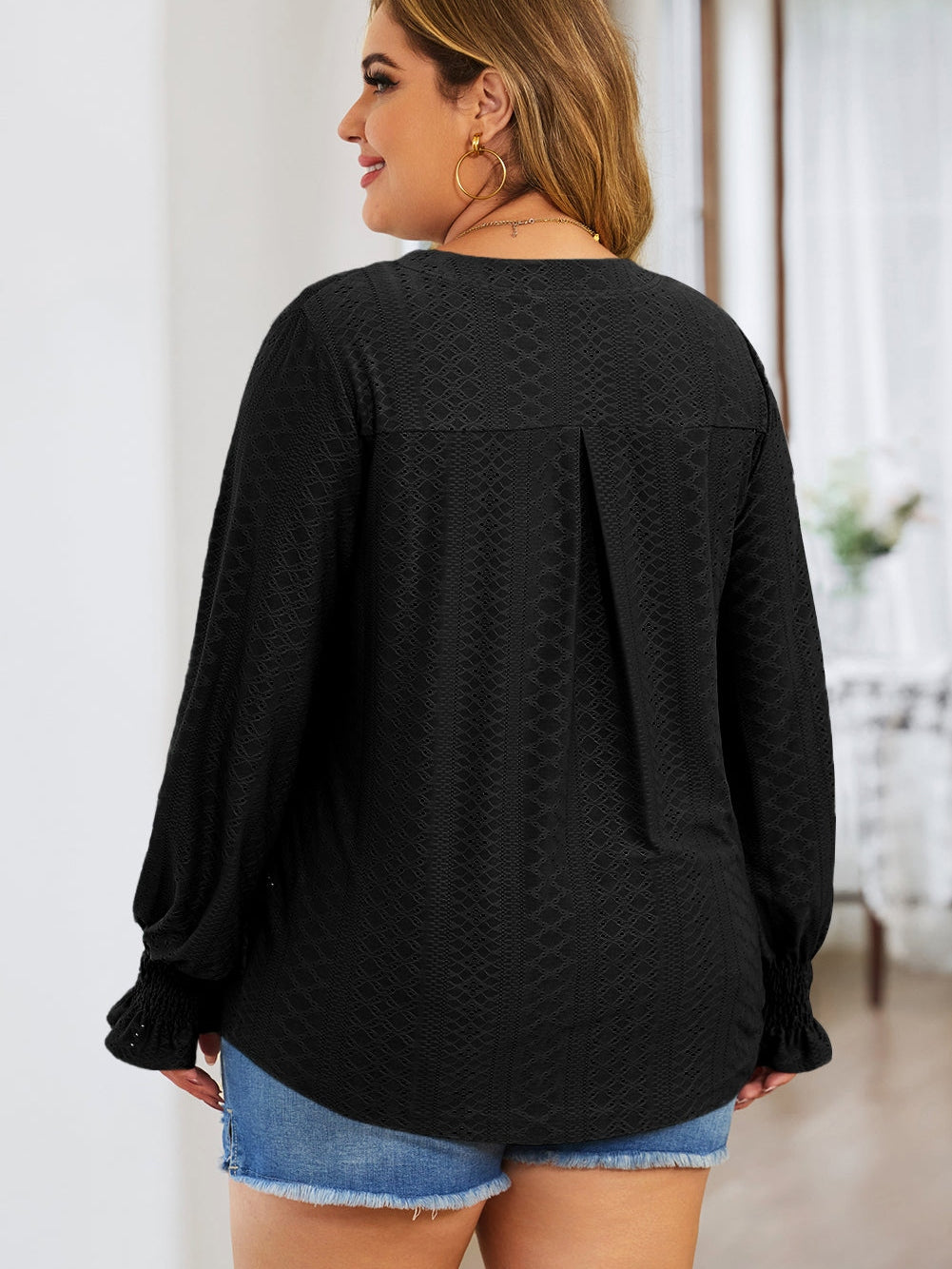Black Eyelet Jacquard Split Neck Flounce Sleeve Plus Size Blouse