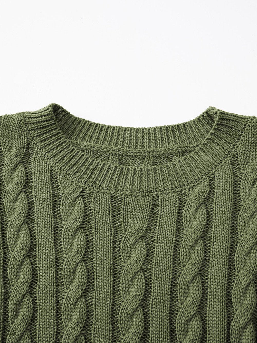 Green Jungle Cable Knit Short Sleeve Sweater with Crew Neck
