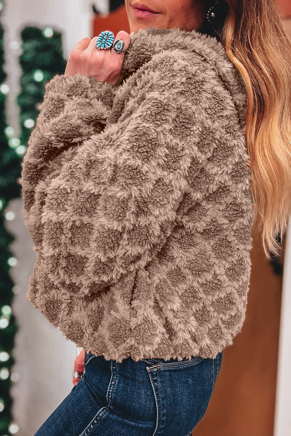 Chestnut Sherpa Rhombus Zip Up Side Pocket Hooded Jacket