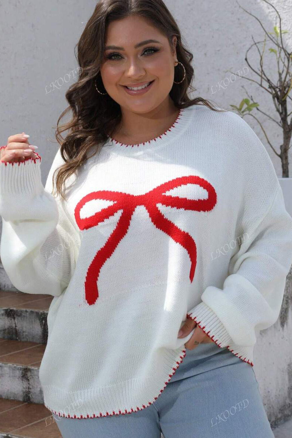White Contrast Bow Pattern Detail Plus Size Baggy Sweater