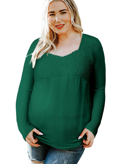 Green Floral Lace V Neck Long Sleeve Top