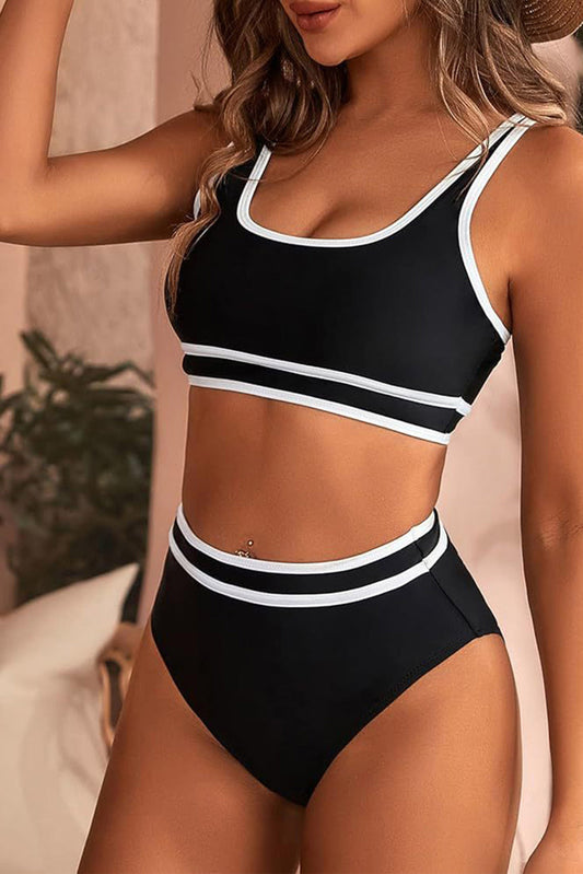 Elegant Black High Waist Bikini with Colorful Trim