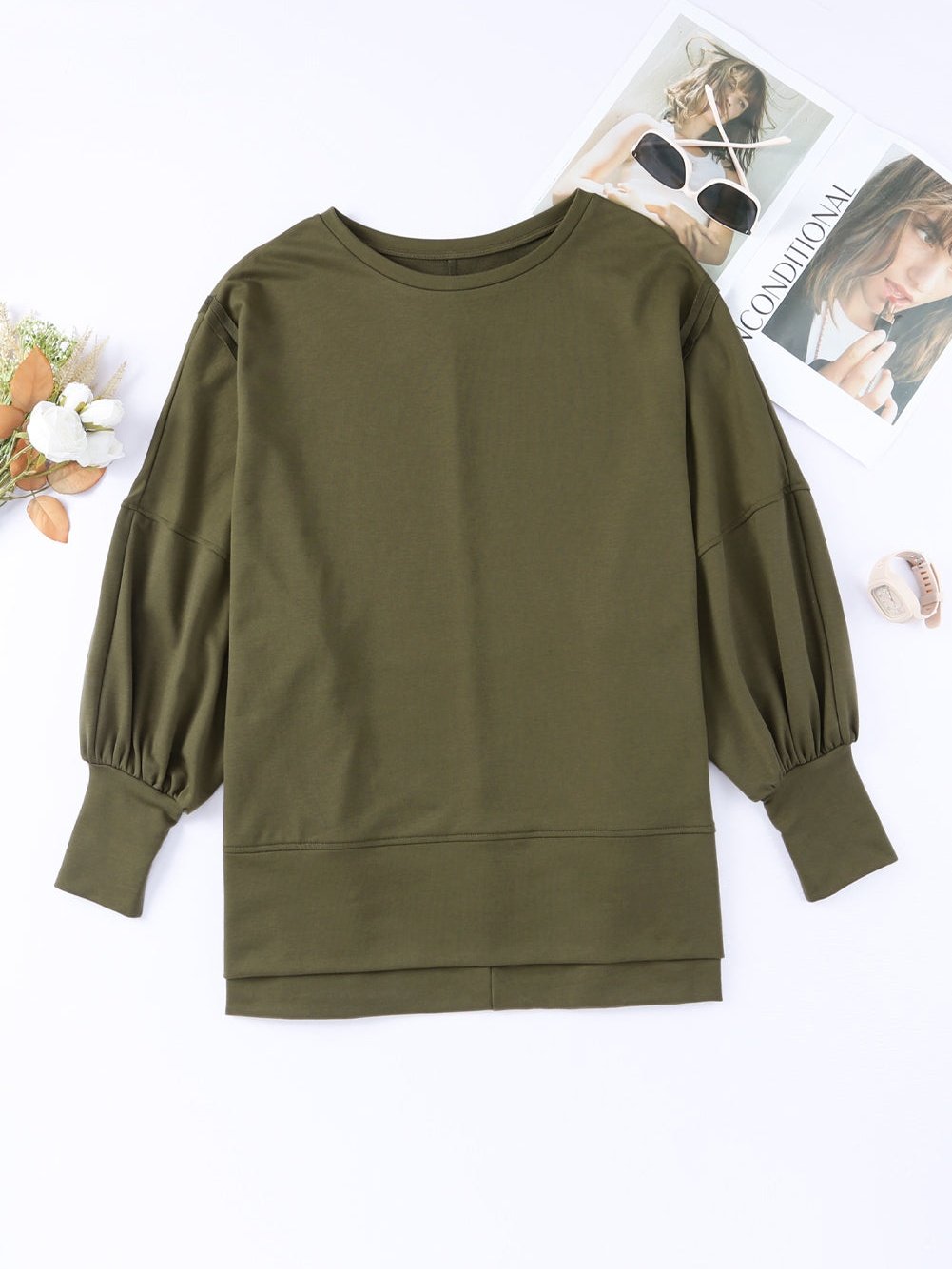 Green Patchwork Oversized Drop Shoulder Top