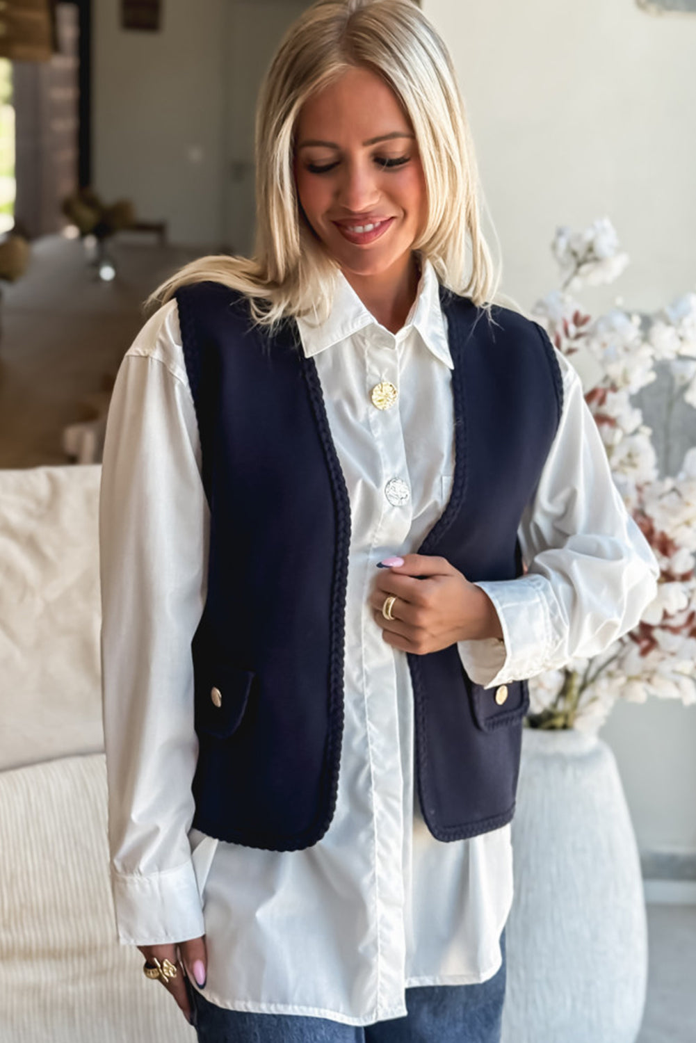 Dirty blue Braided Trim Open Front Vest