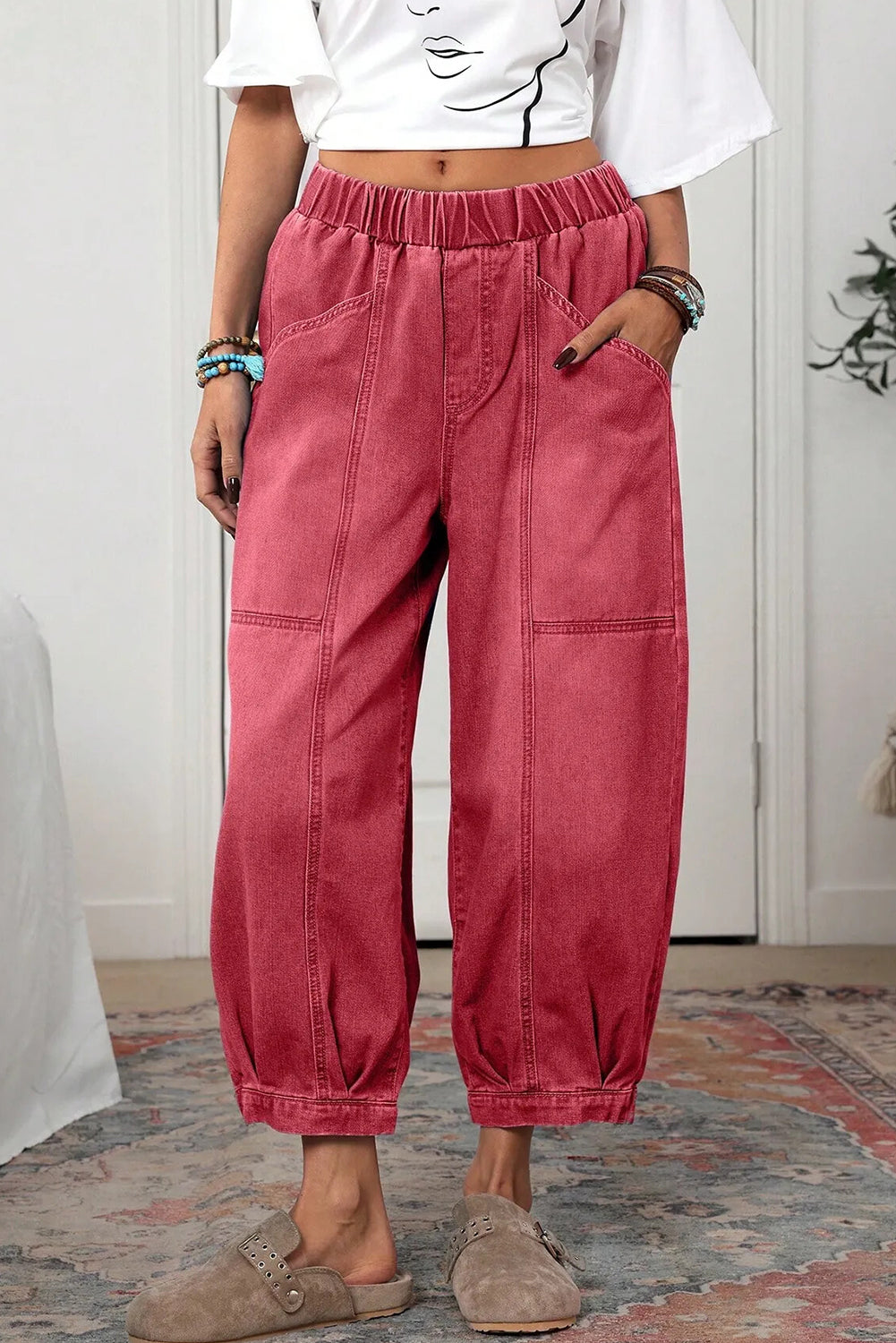 Mineral Red Vintage Washed Elastic Waist Pull On Ankle-length Barrel Jeans