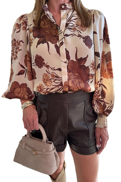 Brown Floral Print Button Down Poet Sleeve Shirt