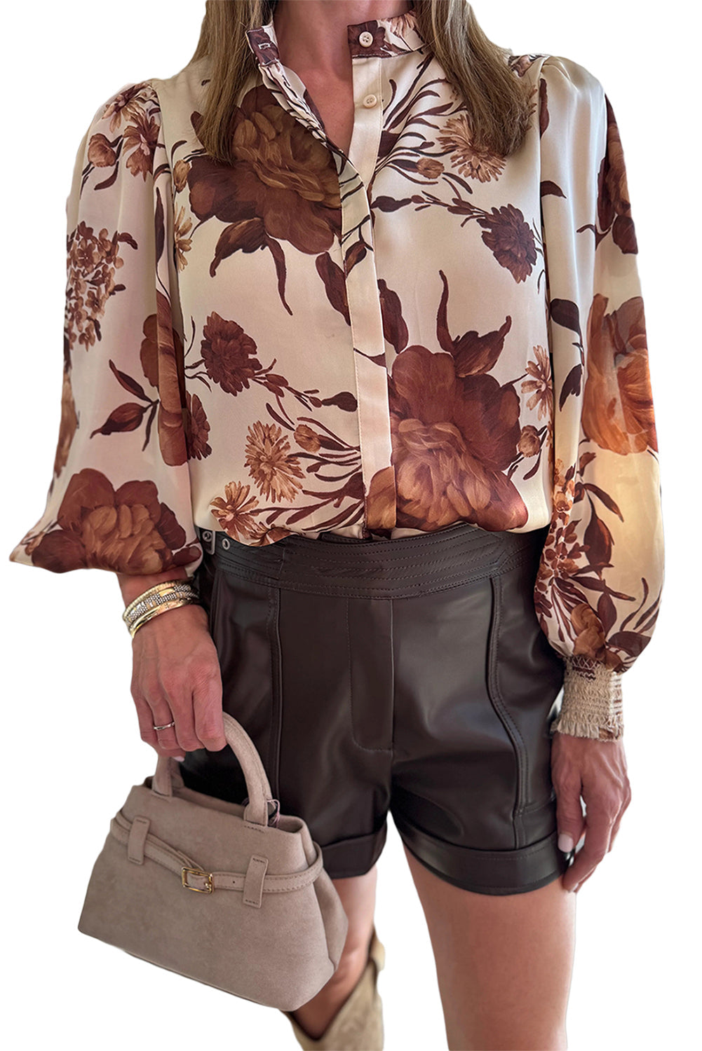 Brown Floral Print Button Down Poet Sleeve Shirt