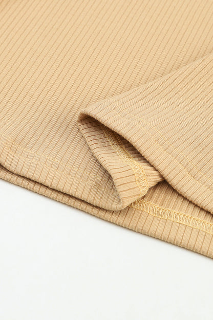 Khaki Ribbed Knit High Neck Long Sleeve Sheath Top