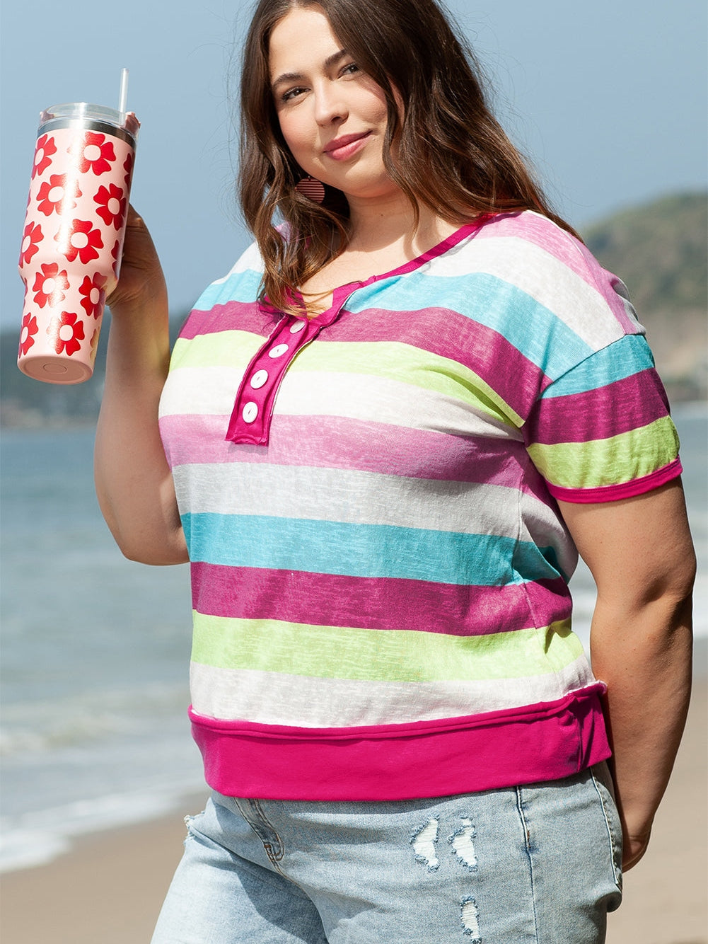 Rose Stripe Plus Size Textured Knit Short Sleeve Henley Top