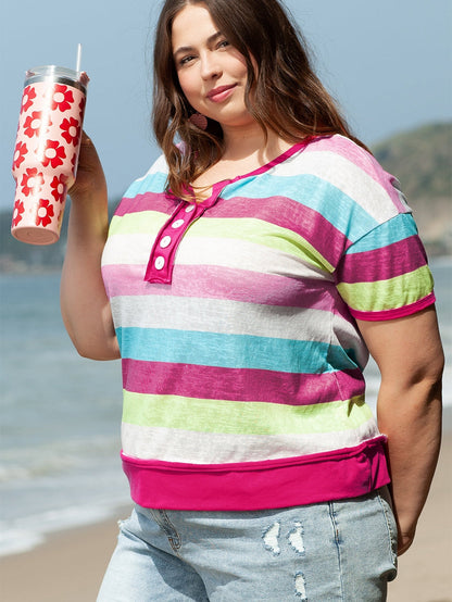 Rose Stripe Plus Size Textured Knit Short Sleeve Henley Top
