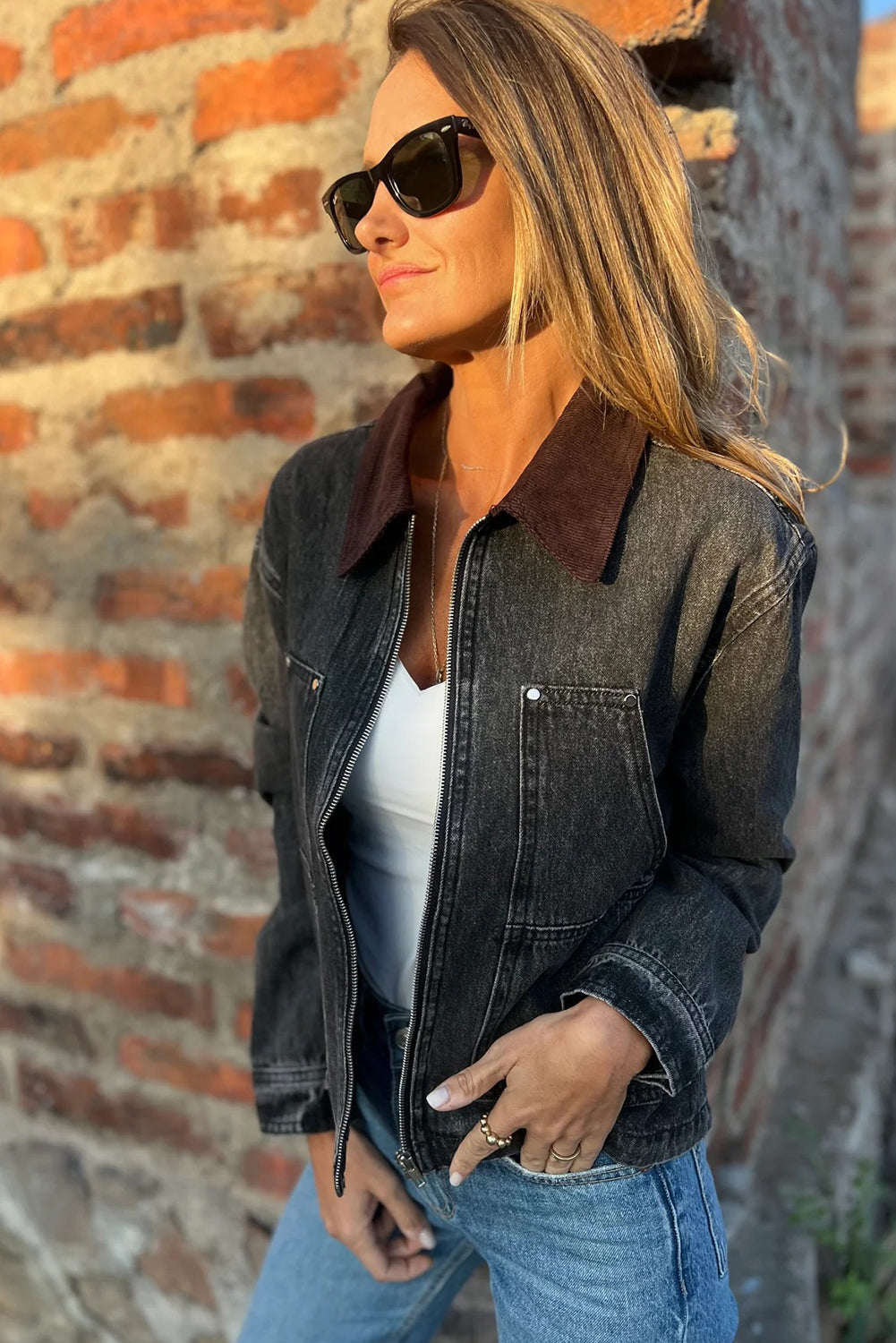 Black Corduroy Collar Zipped Front Denim Jacket