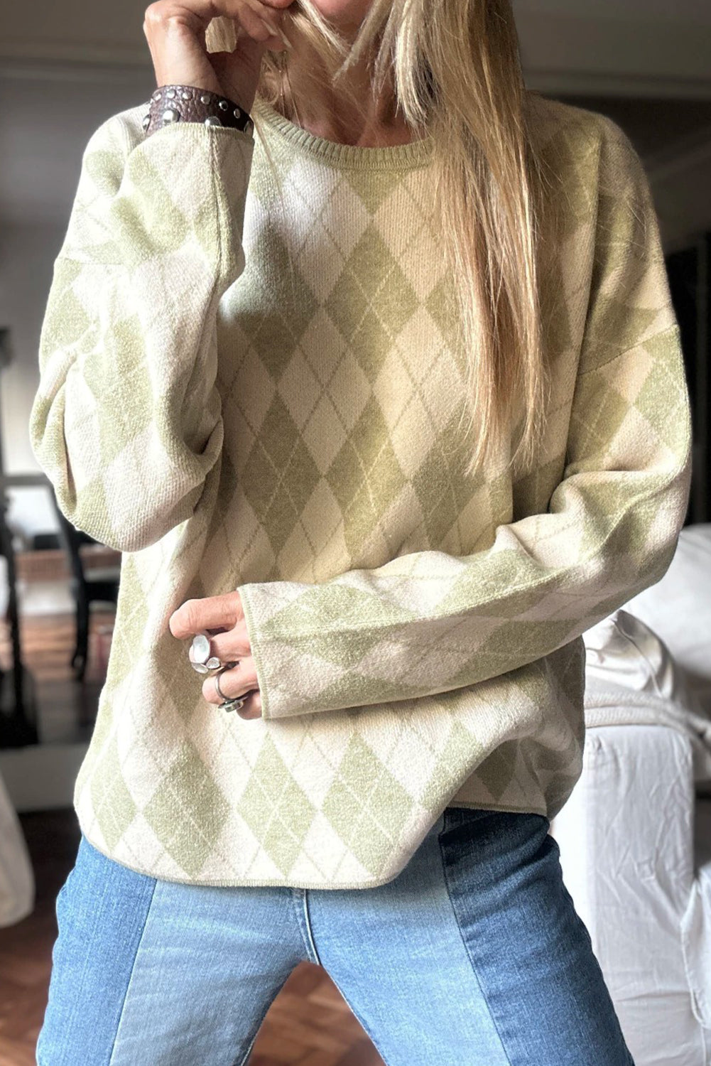 Brown Checkered Colorblock Round Neck Sweater Top