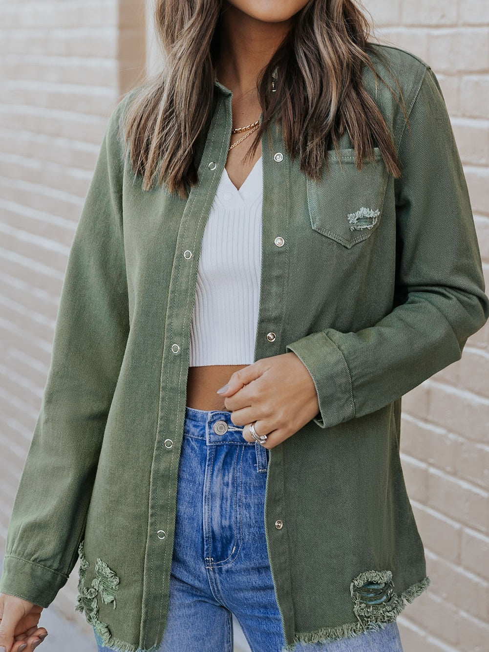 Green Distressed Cotton Shacket
