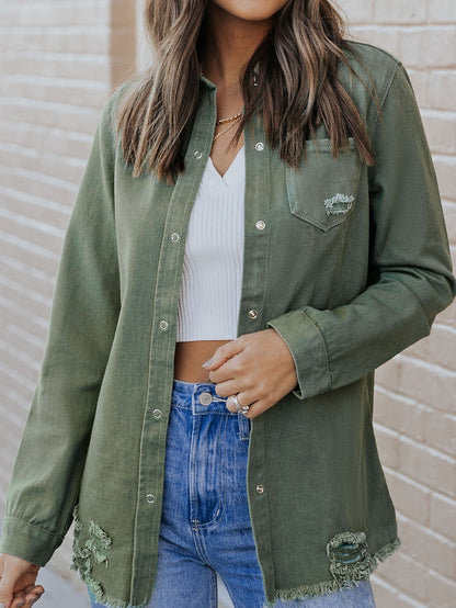 Green Distressed Cotton Shacket