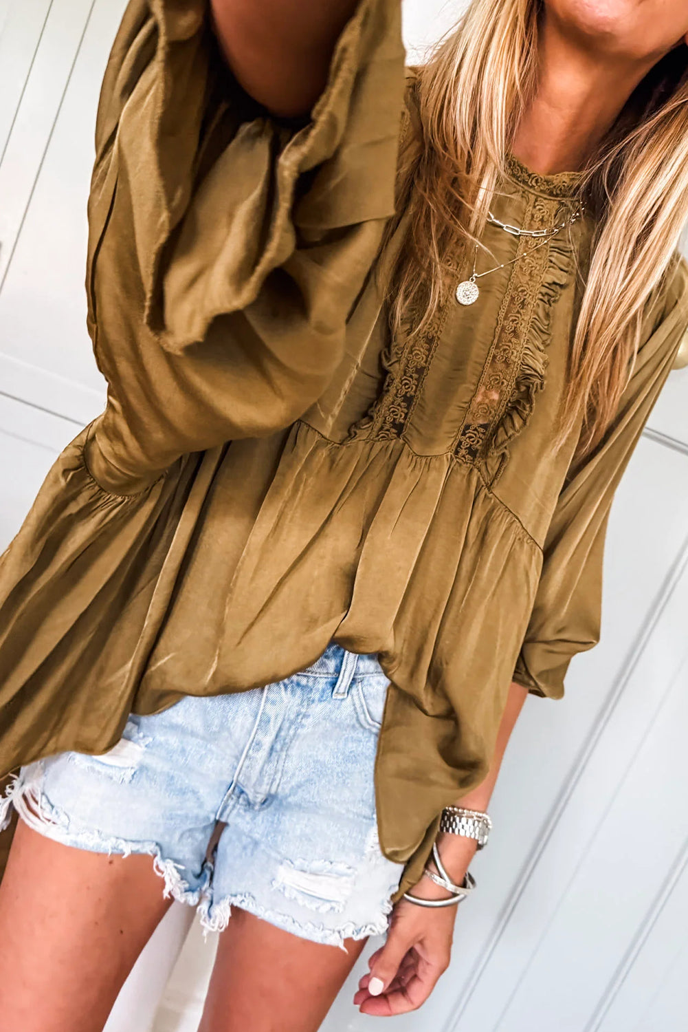 Jungle Green Silky Round Neck Lace Frilled Detail Long Sleeve Blouse