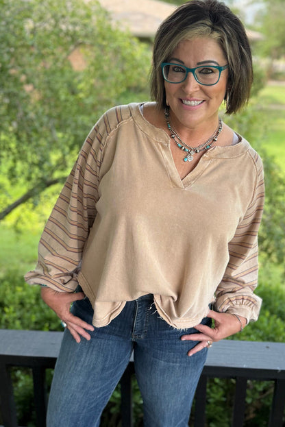 Parchment Striped Raglan Sleeve Notched Neck Raw Edge Plus Size Jumper