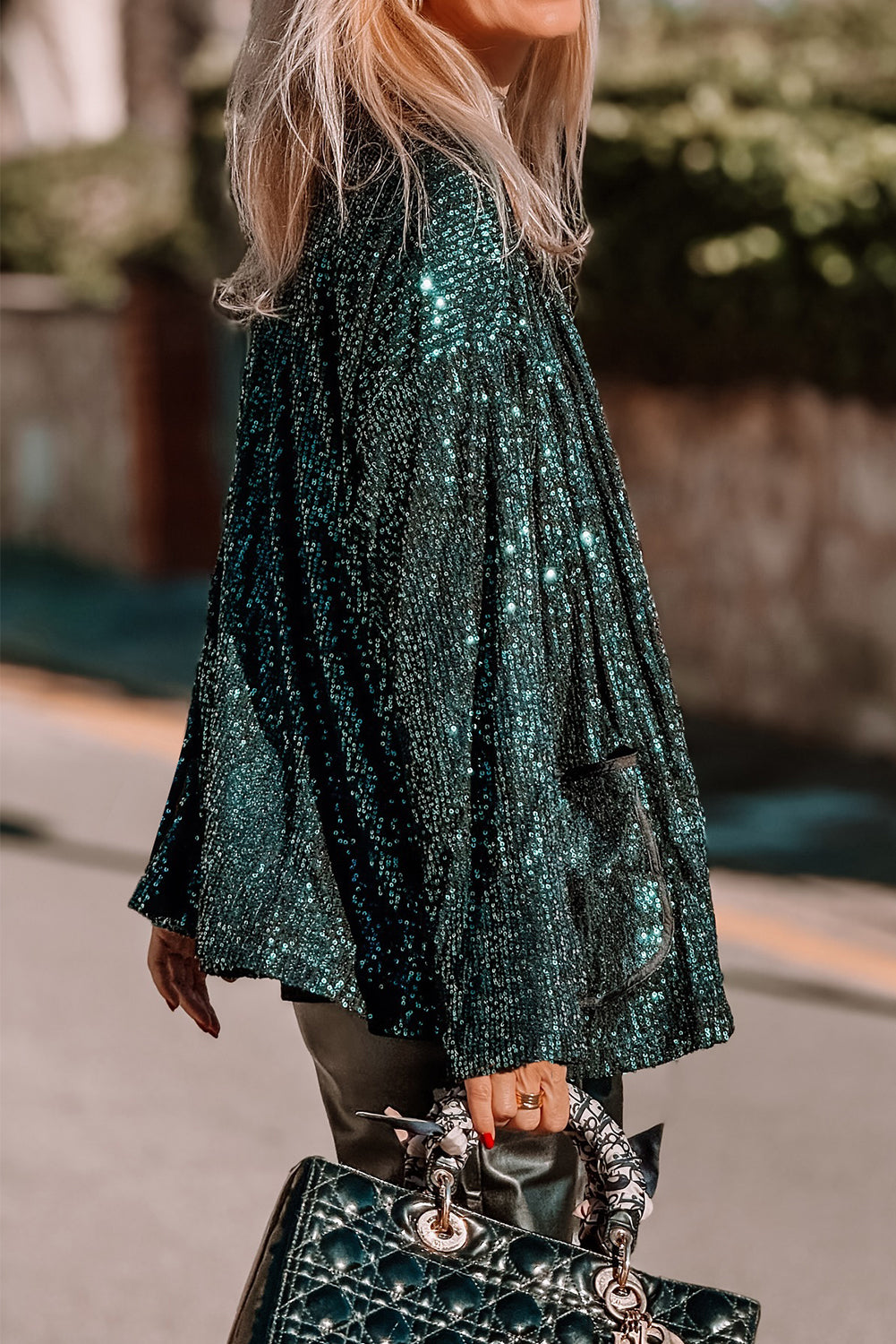 Evergreen Glitter Sequin Open Front Long Sleeve Top