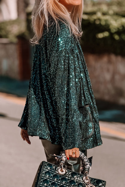 Evergreen Glitter Sequin Open Front Long Sleeve Top