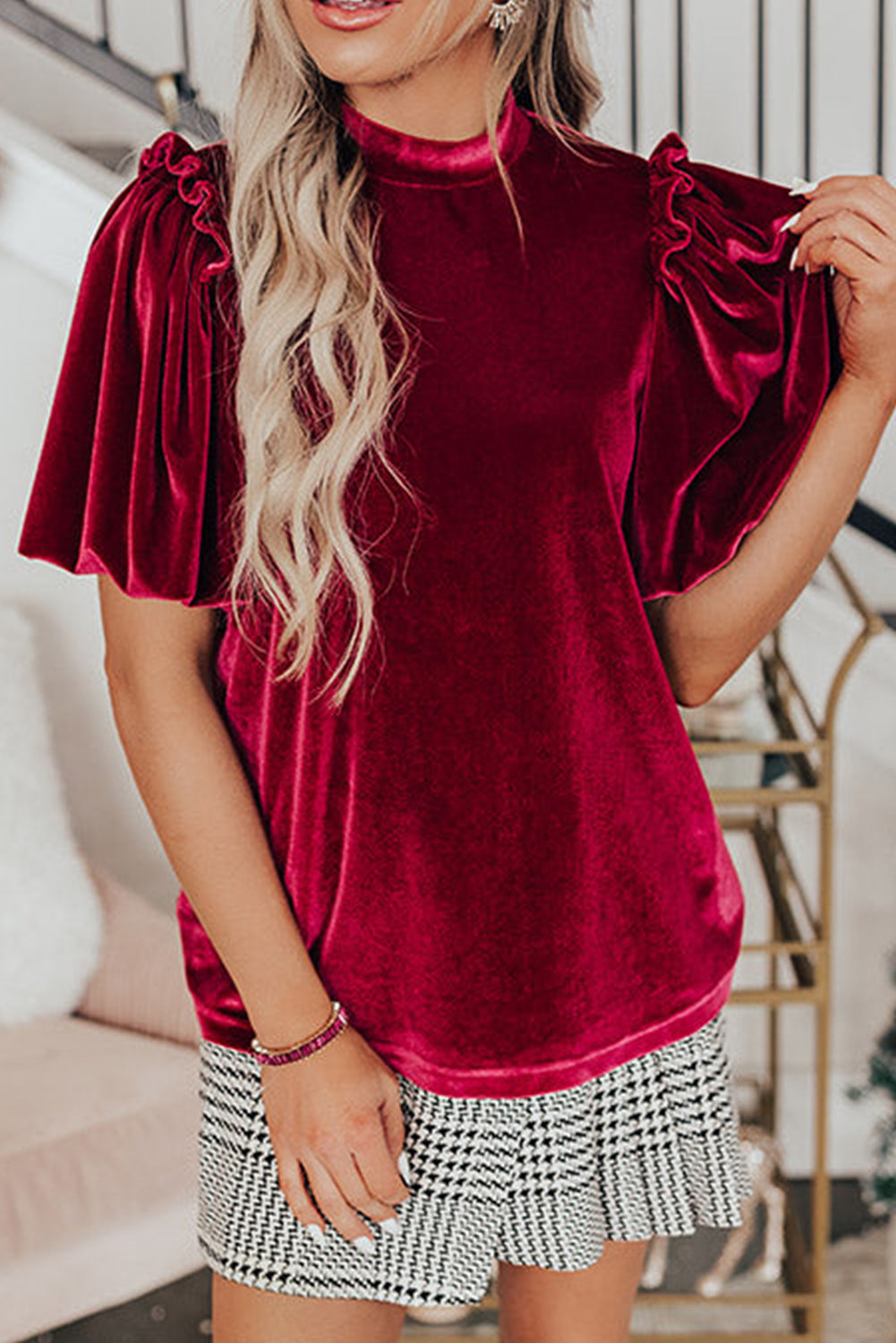 Red Dahlia Frilled Short Puff Sleeve Velvet Blouse