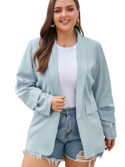 Sky Blue Plus Size Soft Lightweight Pocketed Lapel Blazer