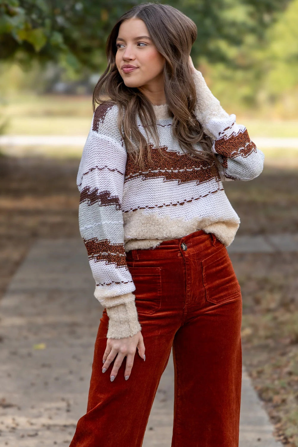 Brown Unique Color Block Knit Casual Sweater