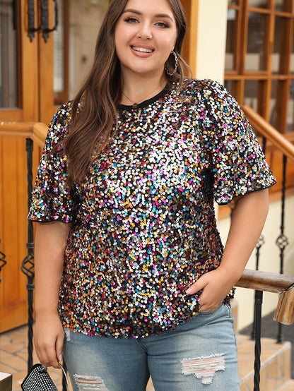Vibrant Sequin Embellished Plus Size Party Top