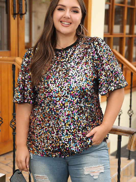 Vibrant Sequin Embellished Plus Size Party Top
