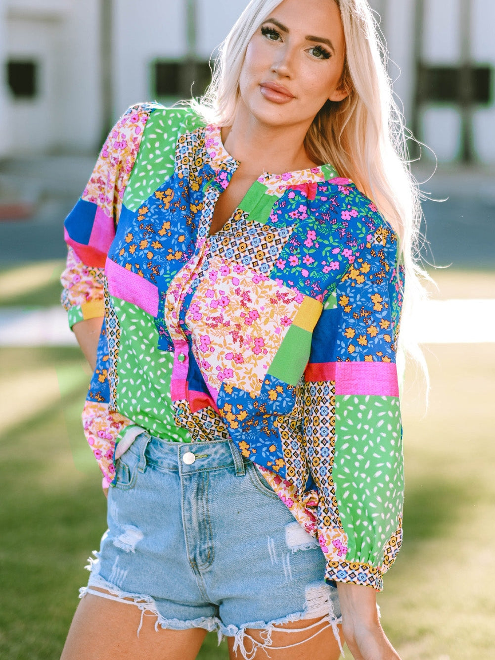 Floral Patchwork Print Button-Up Blouse