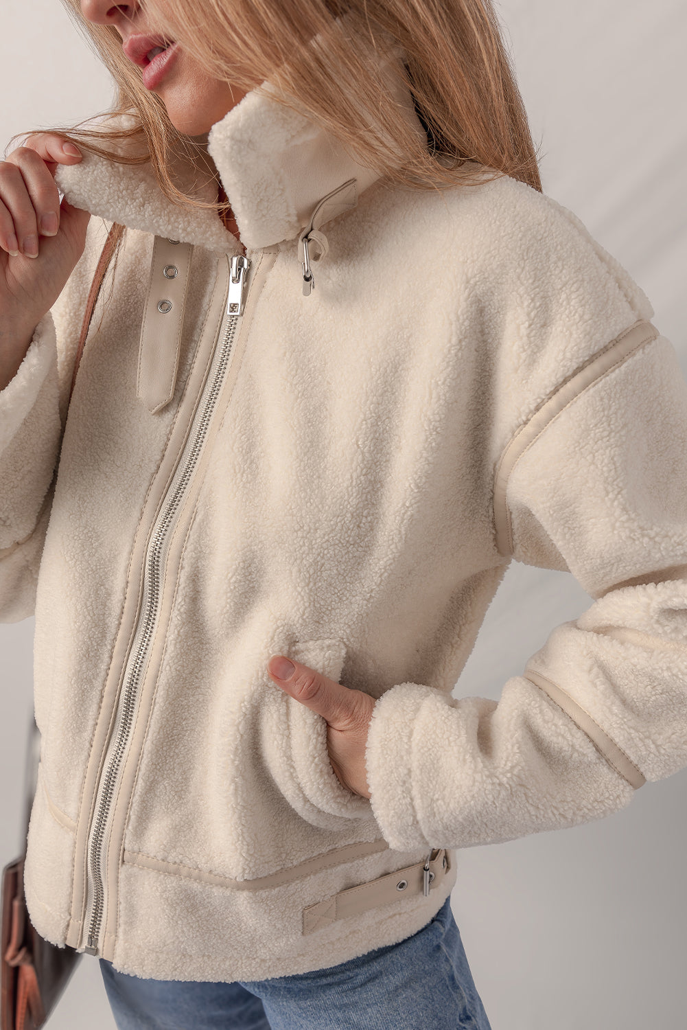 Beige Buckle Collar Detail Zip Up Fleece Jacket