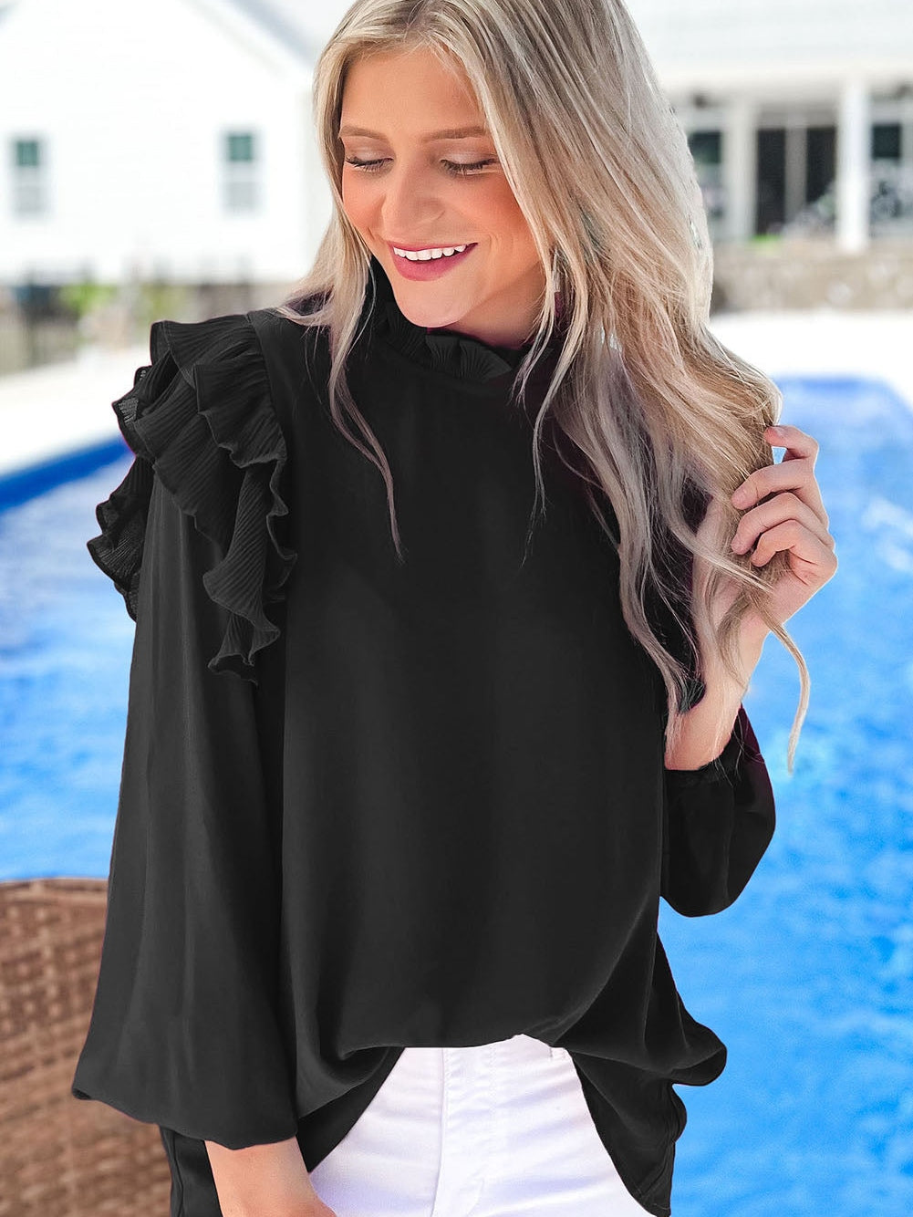 Elegant Black Ruffle Sleeve Keyhole Back Blouse
