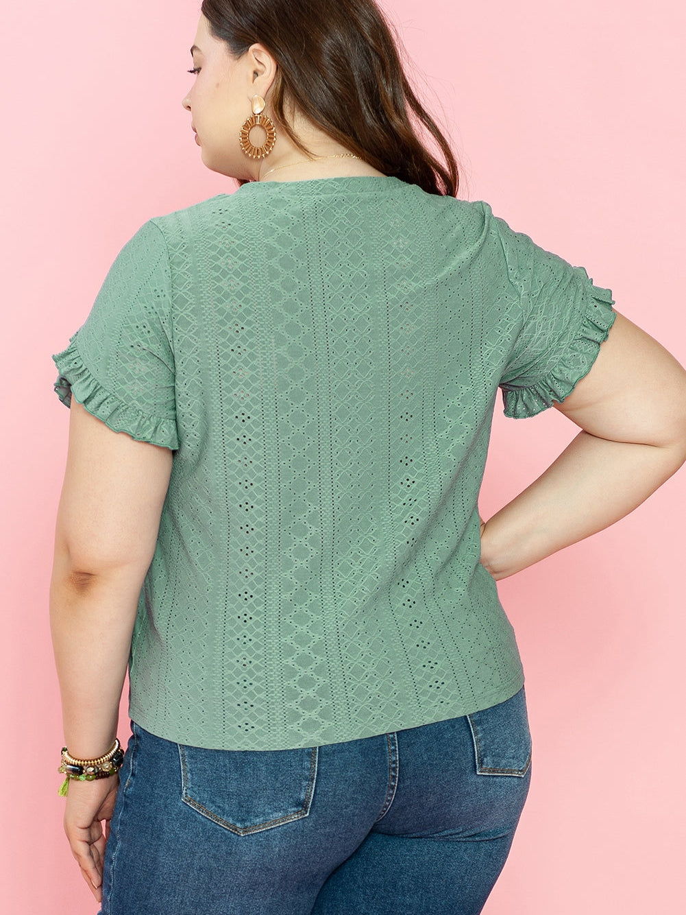 Green Jacquard V-Neck Plus Size Blouse with Petal Sleeves