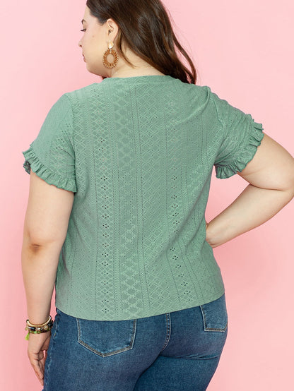 Green Jacquard V-Neck Plus Size Blouse with Petal Sleeves