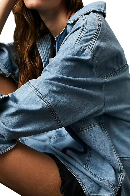 Dusk Blue Oversized Exposed Stitching Patchwork Notched Collared Pullover Denim Pullover Top