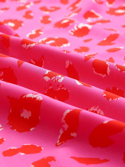 Leopard Print Plus Size Babydoll Dress with V Neck and Bubble Sleeves