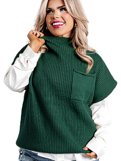 Jungle Green Plus Size Mock Neck Chest Pocket Short Sleeve Sweater